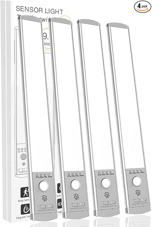 4-Pack Under Cabinet Lights, 1500mAh Rechargeable 52-LED Motion Sensor Light, 10-inch Wireless Magnetic Stick-On Closet Lights, Stepless Dimmable Night Light for Kitchen, Pantry, Wardrobe