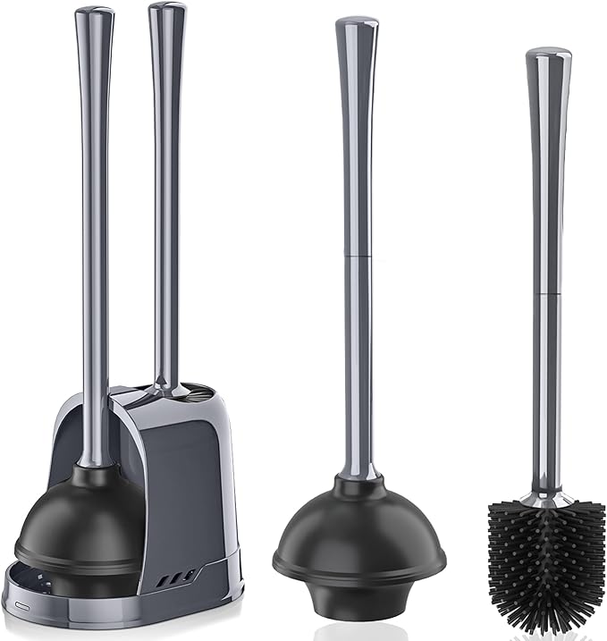 Toilet Plunger and Brush, Silicone Bowl Brush and Heavy Duty Toilet Plunger Set with Ventilated Holder, 2-in-1 Toilet Brush and Plunger Combo for 5.3-inch Bathroom Cleaning (Gray, 1 Set)