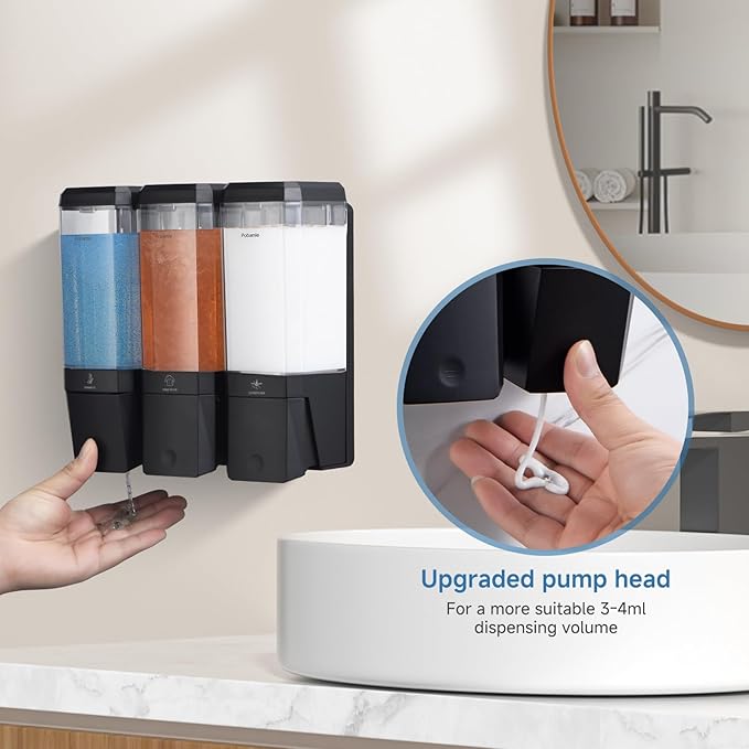 Shampoo and Conditioner Dispenser Wall Mounted, Shower Soap Dispenser No Drill Upadate Easy Slot Install, Shampoo Dispenser for Shower Bathroom Large Capacity 500ml * 3 Chamber Holder Black