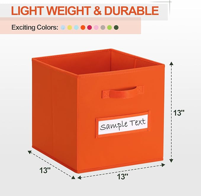 artsdi 13x13 storage cube bins (Set of 10) Foldable Fabric storage cubes with 10 Labels Window Cards & a Pen,13 inch cube storage bins,Closet Organizers for Shelves,Cubby Organizer Boxes,Orange