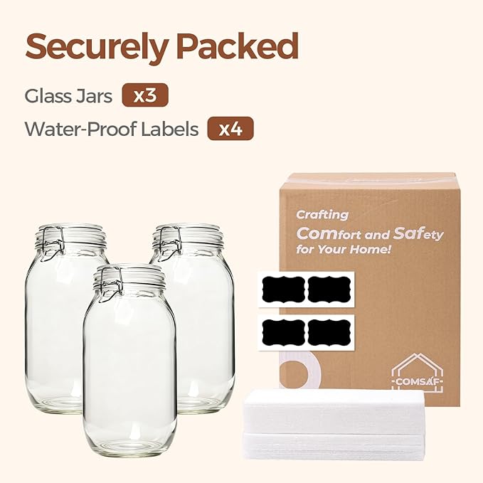 ComSaf 71oz Glass Canisters with Airtight Clamp Lids (Set of 3), 2.1L Large Fermentation & Pantry Jars for Bulk Food Storage, Ideal for Flour, Sugar