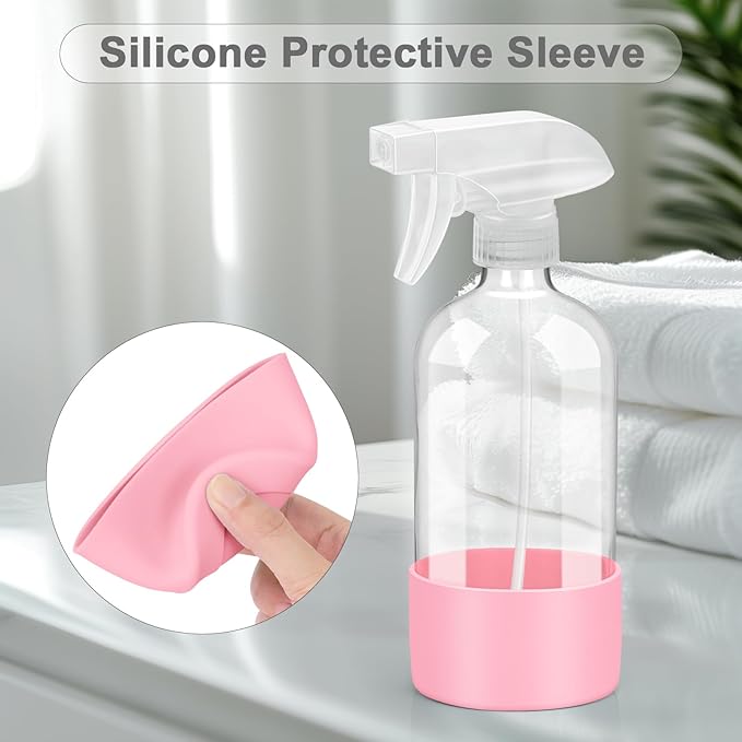 Worldgsb 2 Pack Glass Spray Bottles with Silicone Sleeve, 16 oz Empty Refillable Containers with Adjustable Spray Nozzles, Spray Bottles for Hair, Cleaning Solutions and Plants Pink&Grey