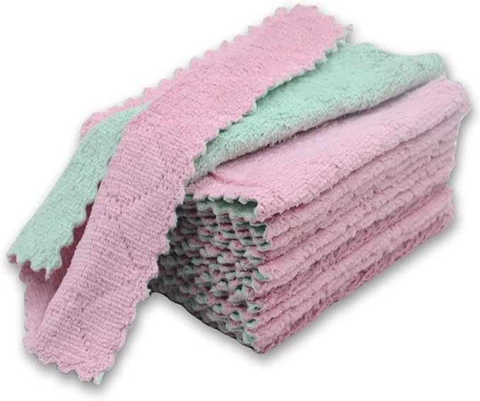 24PCS Kitchen Dishcloth, Microfiber Washcloth, Soft Cleaning Cloths, Coral Fleece/Lint Free/Absorbent/Quick Dry/Nonstick Oil Rags, Reusable Washable Tea Towel, 6''x10''(Pink & Purple)
