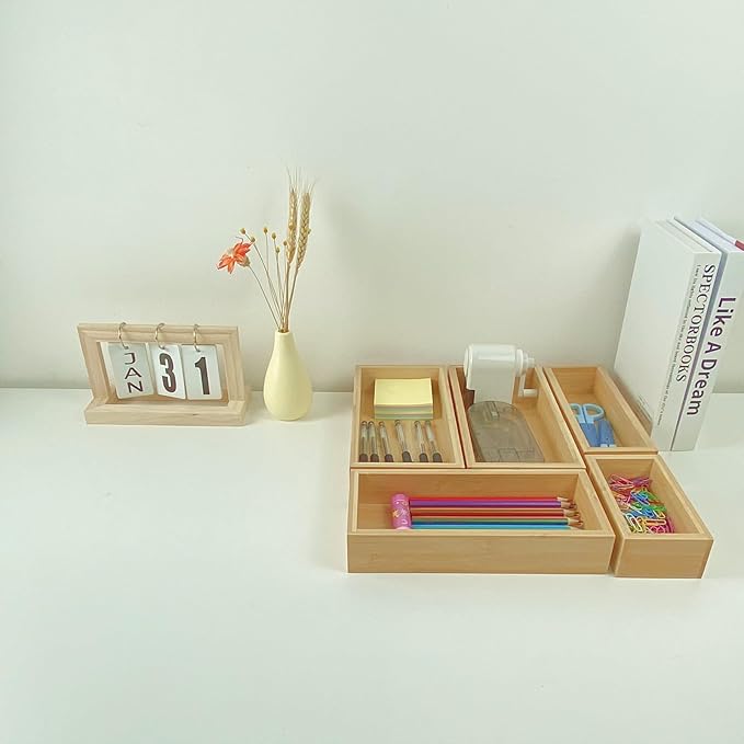 Bamboo drawer organizer Set, Expandable drawer dividers, 1 X 5PCS Natural