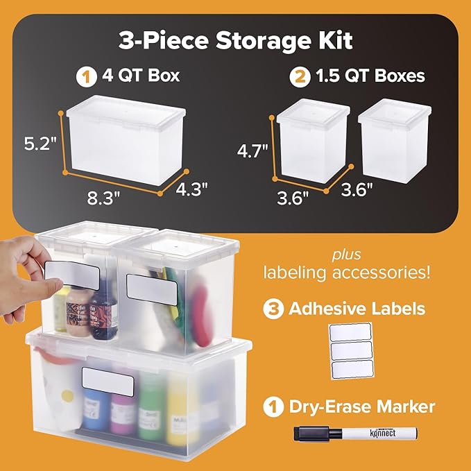 Bostitch Konnect Storage Containers with Lids, 1 4 Qt Box, 2 1.5 Qt boxes