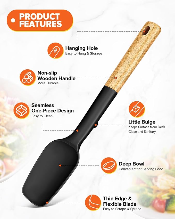 Silicone Spoon Spatula, Great For Scraping Bowls And Scooping Batter, Sturdy Bpa-Free Matte Silicone, Wooden Handle Rubber Spatula For Nonstick Cookwares (BLACK)