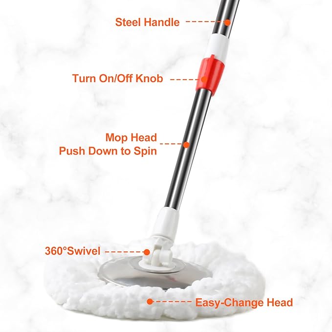 Spin Mop and Bucket with Wringer Set, 360° Spinning Mop Bucket System with 6 Microfiber Mop Floor Scrub Brush and 61" Stainless Steel Adjustable Handle for Floor Cleaning