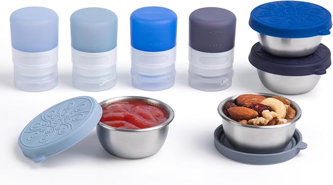 MICEBAY 8-Pack Salad Dressing Container To Go, 1-oz Silicone Small Condiment Squeeze Bottles and 1.6 oz Stainless Steel Sauce Containers Cups