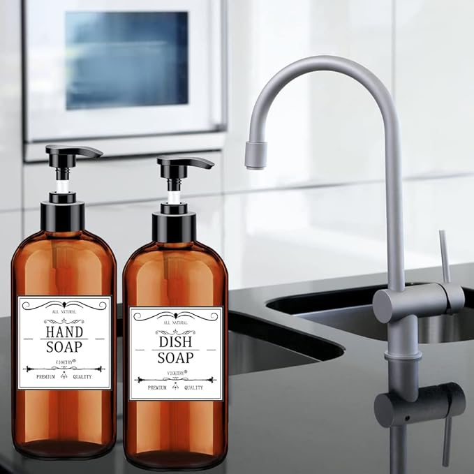 Soap Dispenser with Rust Proof Pump, Waterproof Labels (2 Pack,16 Oz) Bathroom, Plastic Hand Dish Soap Dispenser for Kitchen, Premium Thick Soap Pump Bottles (Amber)