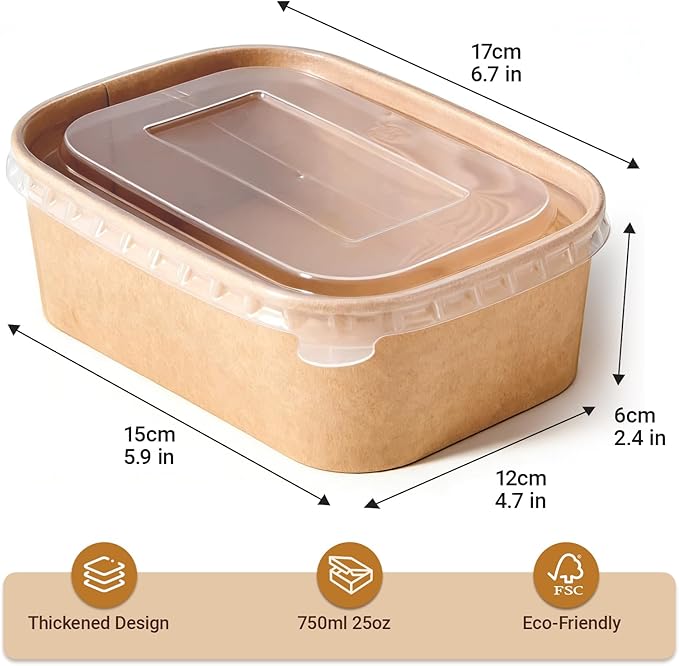 25 oz Disposable Bowls with Lids, 200 Sets Kraft Paper Bowls Square, Disposable Meal Prep Food Container with Sealing Lid