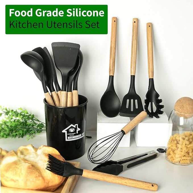 Kitchen Utensils Set for Cooking : 12 Pieces Silicone Wood Handle Kitchen Spatula Set - Heat Resistant Kitchen Gadgets Tools for Non-Stick Cookware (Black)