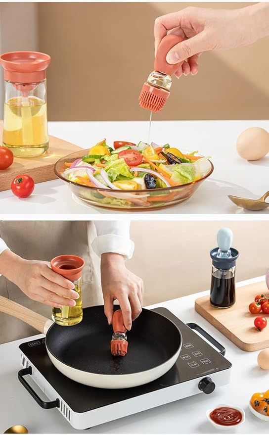 TINMIX Oil Dispenser with Brush - 2 Pack 180ml Glass Olive Oil Dispenser Bottle with Basting Brush for Cooking Frying Baking Kitchen, T-OB21 Grey