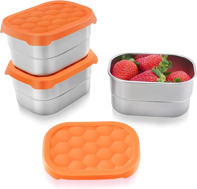 Tanjiae Small (1 CUP) Stainless Steel Snack Containers for Kids | Easy Open Leak Proof Food Containers with Silicone Lids