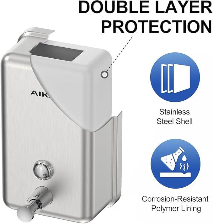AIKE Nail-Free Glue Wall Mount Stainless Steel Soap Dispenser, 37oz for Commercial Brushed Stianless Steel Finish,Model AK1003