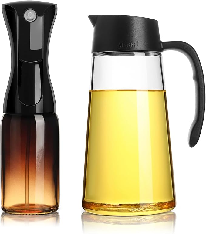 Mistifi 600ml Oil & Vinegar Dispenser Bottle, Glass Sprayer and Olive Oil Dispenser Bottle Set, Glass Oil Sprayer for Cooking, Air Fryer, Kitchen Oil Bottle Set (Oil spray set Black)