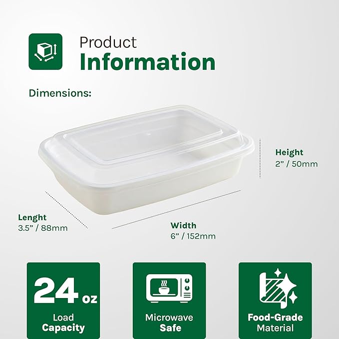 24oz Meal Prep Containers, Plastic Reusable Food Storage Containers with Airtight Lids, Microwave, Freezer and Dishwasher Safe, Sturdy, Food Safe White To Go Meal Boxes - 30 Pack