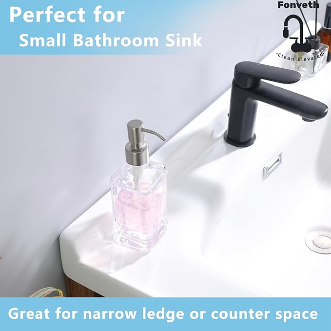 Clear Glass Soap Dispenser with Brushed Nickel Pump, 10 OZ Rectangle Glass Bottle with Stainless Steel Pump Refillable Liquid Hand Soap Dispenser Square Slim for Bathroom Kitchen