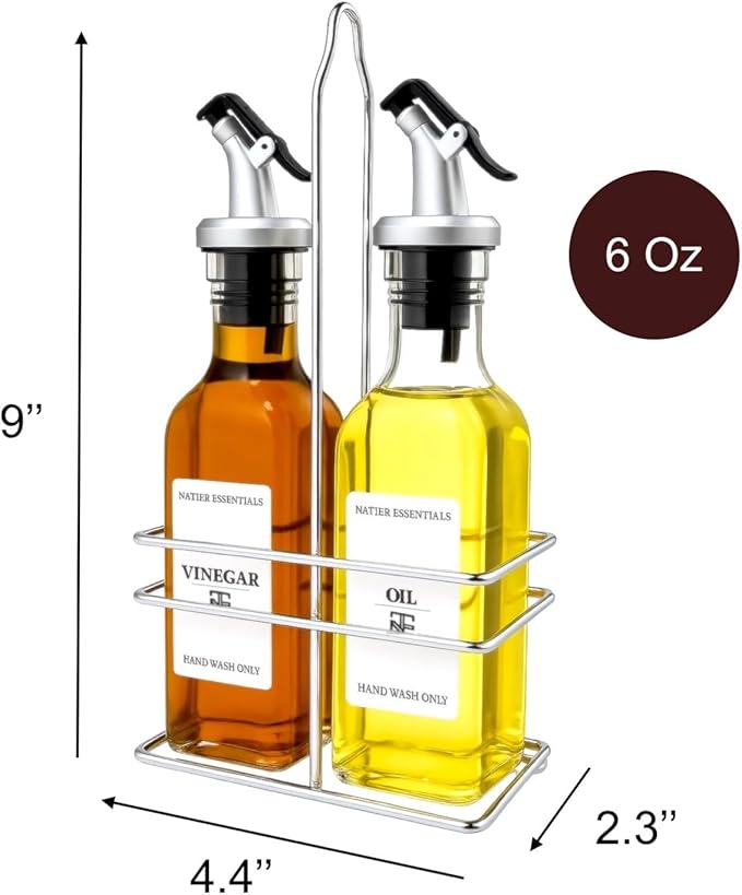 6 Oz Oil and Vinegar Bottle Cruet Set with Wire Caddy – 2 Pack Glass Dispenser Bottles (No-Drip Spout)