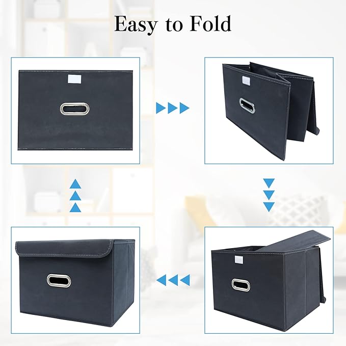 STOREONE Fabric Storage Cube Bins Foldable Organizer Container Collapsible Basket with Lids and Metal Handles, for Home, Bedroom, Closet 8 Pcs (Grey)