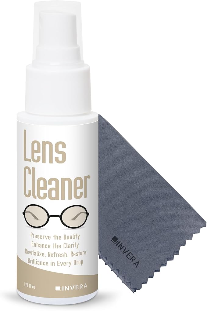 invera Eyeglass Cleaner Spray with Microfiber Cloth Kit, Lens Cleaner for Eyeglasses, Sunglasses, Camera Lenses & Electronic Screens, Gentle, Odor-Free, Compact 1.7 fl oz Lens Cleaner Spray
