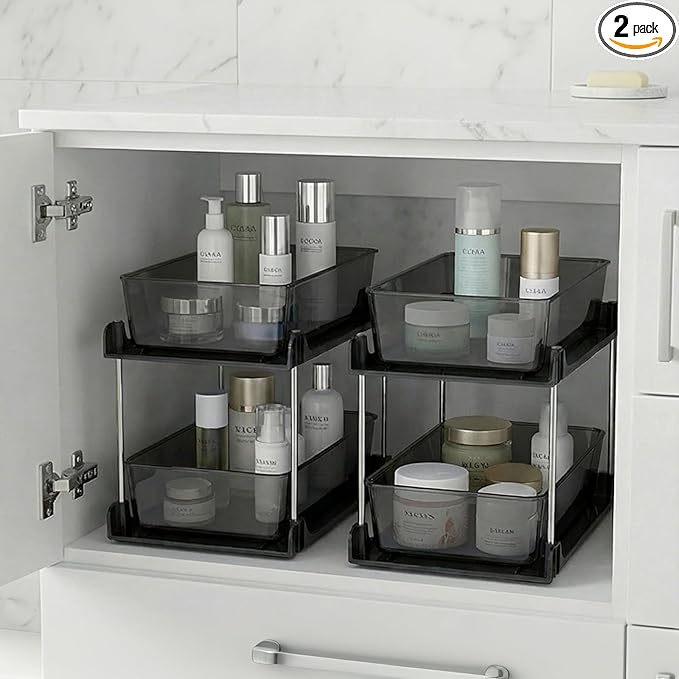 2 Pack Bathroom Organizer,2 Tier Clear Under Sink Organizers Vanity Countertop Storage Container,Cabinet Drawers Bins, Pull-Out Organization with Track for Pantry, Kitchen
