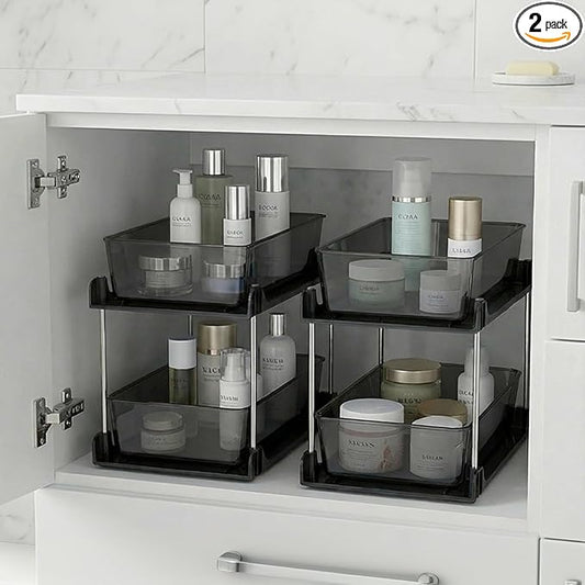 2 Pack Bathroom Organizer,2 Tier Clear Under Sink Organizers Vanity Countertop Storage Container,Cabinet Drawers Bins, Pull-Out Organization with Track for Pantry, Kitchen