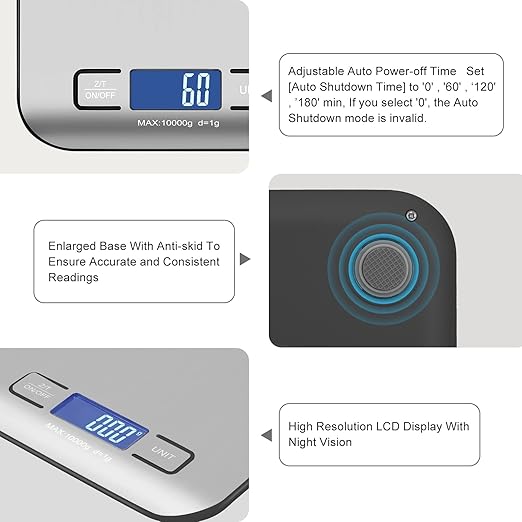 Kitchen Food Digital Scale Portable Postal Scale for Small Business Packages, Handmade Goods, Liquids, LCD Display High-Precision 1g Accuracy (Stainless Steel Black Rechargeable(10kg/1g))