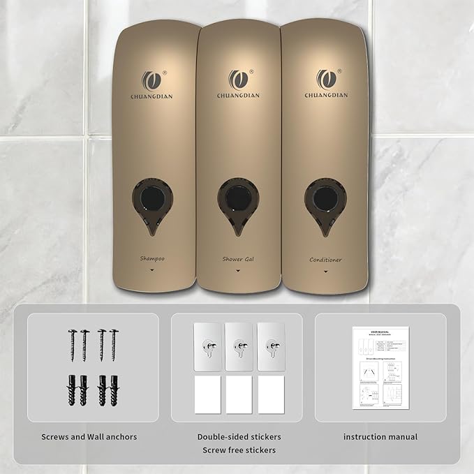 Shampoo Conditioner Body Wash Dispenser, Wall-Mounted Bathroom Soap Dispenser Set of 3(Glod), Refillable Shower Soap Shampoo Dispenser for Bathroom,Kitchen,Hotel and Airbnb