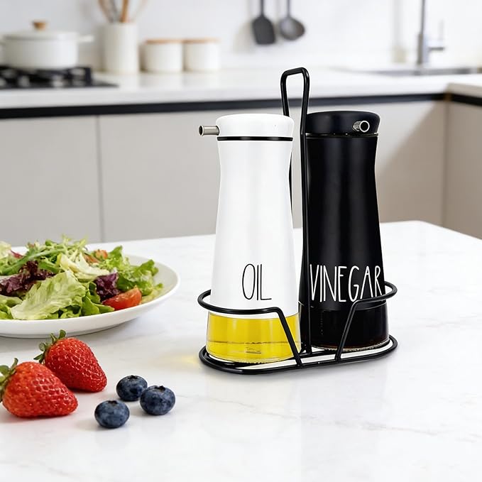 Aelga Oil And Vinegar Dispenser Set with Caddy - 2 Pack Oil Dispenser Bottles for Kitchen with No-Drip - Kitchen Decor and Accessories for Home Restaurants Weddings, Black & White