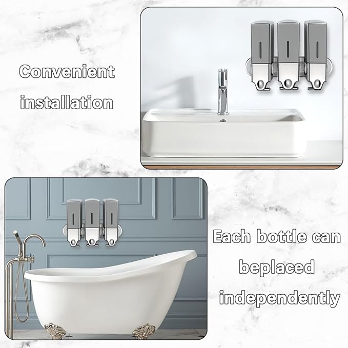 No-Drill 3 Pack 500ml Wall Mounted Soap Dispenser for Bathroom and Kitchen, Shampoo and Conditioner Dispenser Drill Free with Adhesive(Square-Grey)