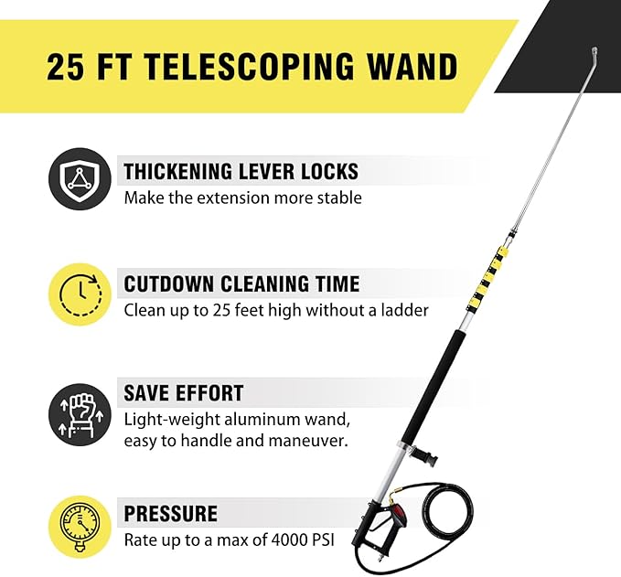 JANZ 25 FT Pressure Washer Telescoping Wand with Power Washer Extension Wands, Brush Head, Gutter Cleaner, 7 Spray Nozzle Tips