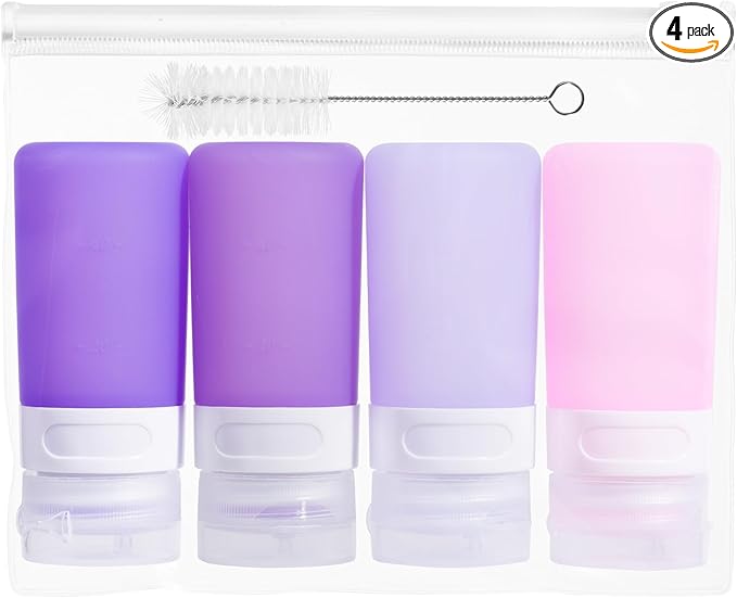 MICEBAY Condiment Squeeze Bottles for Sauces, 2-oz Mini Silicone Salad Dressing Container to Go with Snack Storage Bag, Leakproof Sauce Bottles for Lunch Box, 4 Pack, Purple