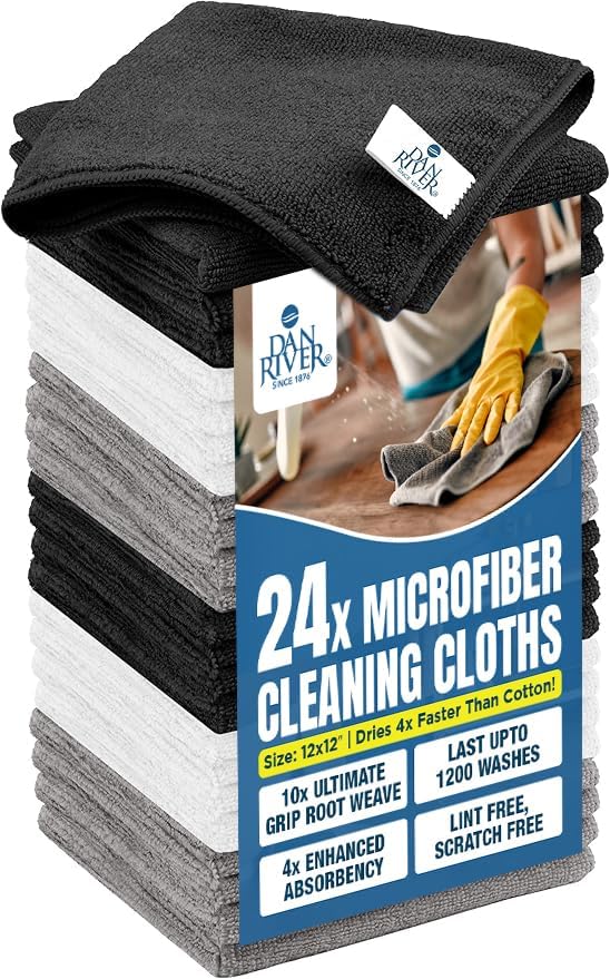 DAN RIVER 24-Pack Microfiber Towels – Ultra Absorbent, Lint-Free & Streak-Free Kitchen Rags Cleaning for Home, & Car - Must-Have Cleaning Essentials - 12" x 12" - Gray White Black