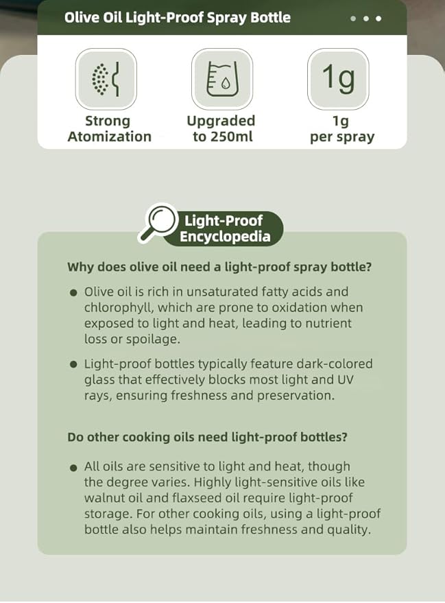 Light-Proof Glass Oil Sprayer For Cooking Air Fryer Salad BBQ,250ml Olive Oil (1)