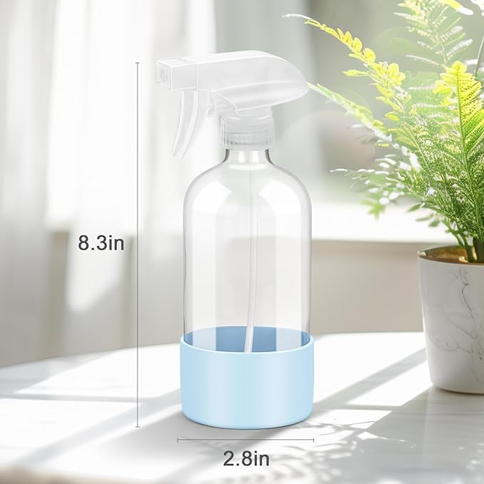 Worldgsb 2 Pack Glass Spray Bottles with Silicone Sleeve, 16 oz Empty Refillable Containers with Adjustable Spray Nozzles, Spray Bottles for Hair, Cleaning Solutions and Plants Blue