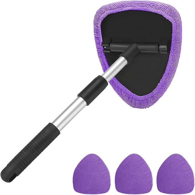 Windshield Cleaning Tool, Car Window Cleaner with Extendable Long Handle and 4 Washable Reusable Microfiber Pads