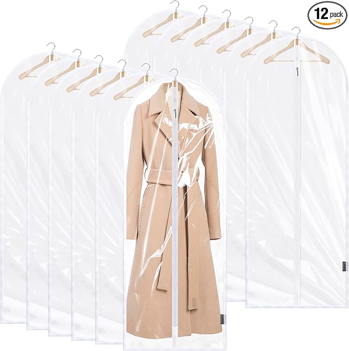 BALEINE 60'' Clear Garment Bags, 12 Packs PEVA Dress Bag for Closet Clothes Dresses Suit Coats Storage (Clear, 12PK)