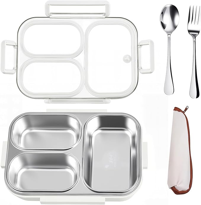 25oz 18/8 Stainless Steel Lunch Box Kit (Bento Box + Fork/Spoon) - 3 Leakproof Compartments - Metal Snack Box for Kids & Adults - School/Office/Travel