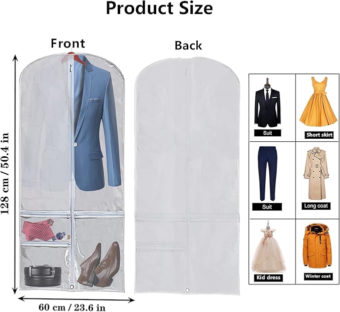 WJWSKI Clear Garment Bags for Hanging Clothes,50 Inch Waterproof Garment Bag for Travel,Clothing Cover Storage Bags with 3 Pockets for Suits,Dress,Coat, Jacket, Sweater, Shirts,Shoes & More