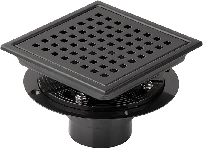 Square Shower Drain, Black Shower Drain 6 inch with Flange and Removeable Grate Cover