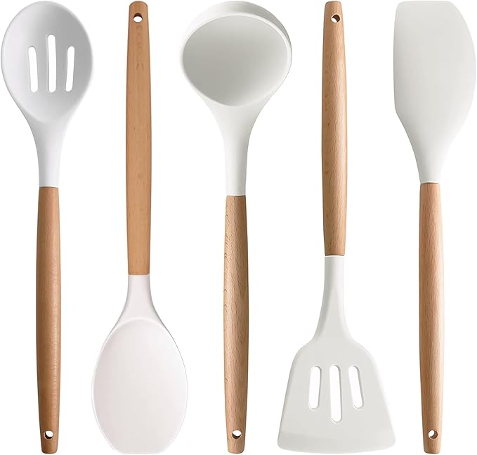 Silicone Kitchen Utensils Set of 5, Cooking Utensil Set with Heat Resistant Wooden Handle Non-Stick Silicone Spatula Spoon Turner Ladle, BPA FREE Cooking Kitchen Gadgets for Cookware & Baking