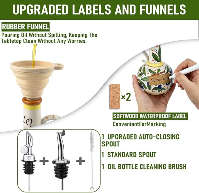 18 oz Ceramic Olive Oil Dispenser Bottle - Hand-Painted Italian Kitchen Decor Oil Cruet with 2 Spouts, Silicone Funnel, Cleaning Brush & Writable Labels - Ceramic Olive Oil Decanter for Kitchen