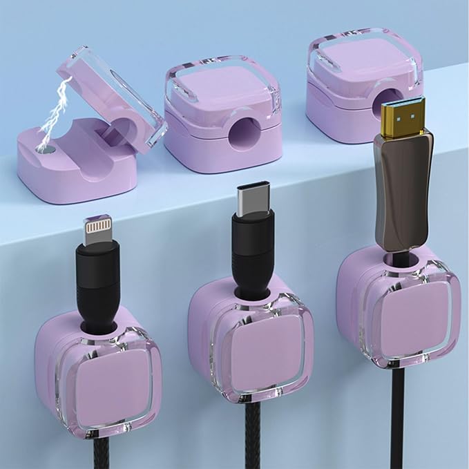 IFNOW 6 Pack Magnetic Cable Clips Cord Organizer Purple Self Adhesive Cord Holder Under Desk Cable Management for Home,Office,Car,Desk,Nightstand