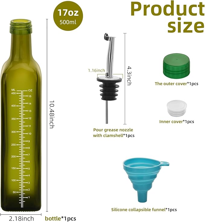 1 Pc 17oz Olive Oil Dispenser Bottle,500ml Glass Oil and Vinegar Dispenser Set with 1 Stainless Steel Pourers,Funnel Oil Bottles for Kitchen (Green Scale)