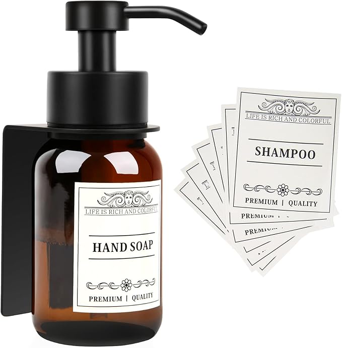 Glass Soap Dispenser with Pump and Wall Mount Holder,8.5 Oz Shampoo and Conditioner Dispenser with Waterproof Labels(Brown)