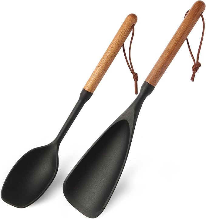 2 Pcs Silicone Spatula Spoon Set with Wood Handle - Kitchen Cooking Utensil for Non-Stick Pans, Mixing & Serving - Heat Resistant Flexible & Ladle for Cooking, Flipping, Stirring