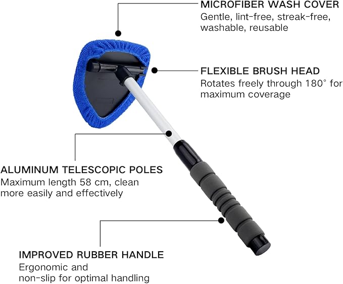 9PCS Windshield Cleaner Tool Kit,Car Window Cleaner with Extendable Handle&6 Reusable Microfiber Pads&Brush&Spray Bottle,Car Interior&Exterior Window Cleaning Tool,Glass Wiper Brush Kit for Car Home