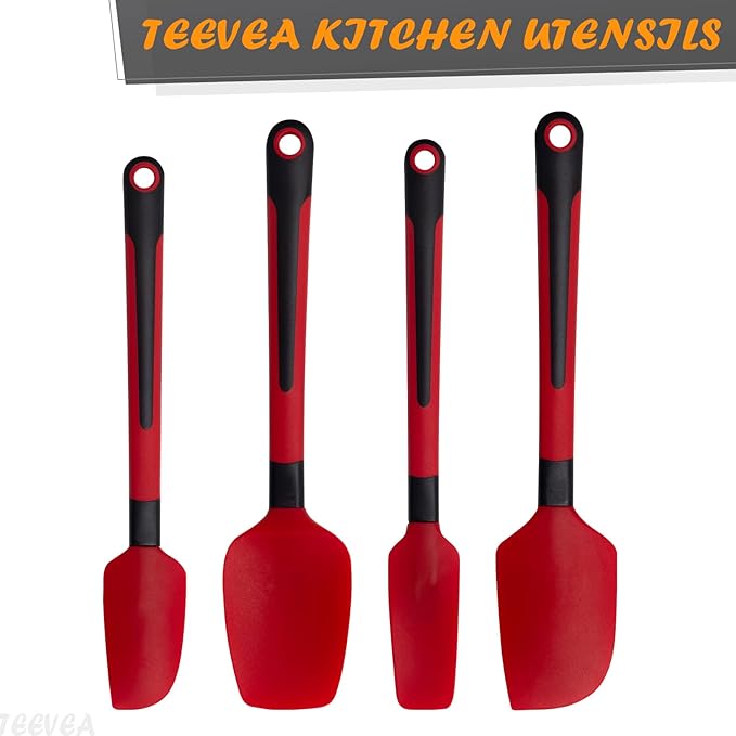 TEEVEA Silicone Spatula Set of 4 for Cooking Baking Mixing, Heat Resistant Non-Stick Dishwasher Safe BPA-Free Kitchen Utensils, Red and Black