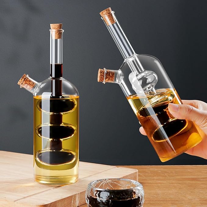 Olive Oil and Vinegar Dispenser Bottle Set for Kitchen, 2 in 1 Glass Oil and Vinegar Dispenser Set, Olive Oil Container Cruets for Vinegar and Oil