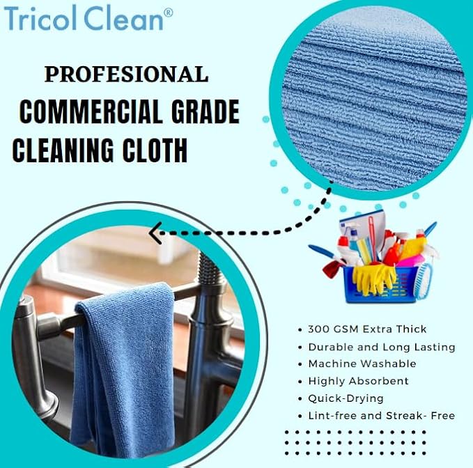 DRI Professional Extra-Thick Microfiber Cleaning Cloth 12 Pack Blue (16IN x 16IN, 300GSM, Commercial Grade All-Purpose Microfiber Highly Absorbent, LINT-Free, Streak-Free Cleaning Towels)
